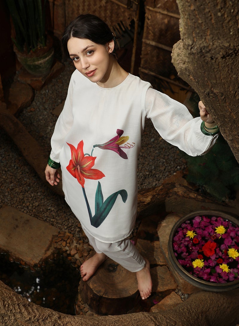 QISSA Women's Off-White Amaryllis Flora Kurti With Trousers For Casual Wear | Round Neck | Long Sleeves | 2 Piece Kurta Set Designed With Comfort Fit For Everyday Ethnic Wear - Image 1